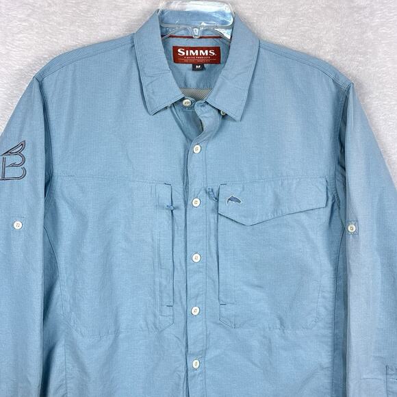 Simms Fishing Shirt Men M Blue Embroidered B Roll Tab Vented Performance Outdoor - Picture 1 of 13